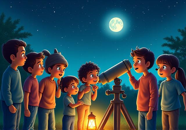 Groupe d'enfants et d'adultes observant les étoiles avec un télescope